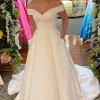Off The Shoulder White Corset Simple Long Wedding Dress with Pockets