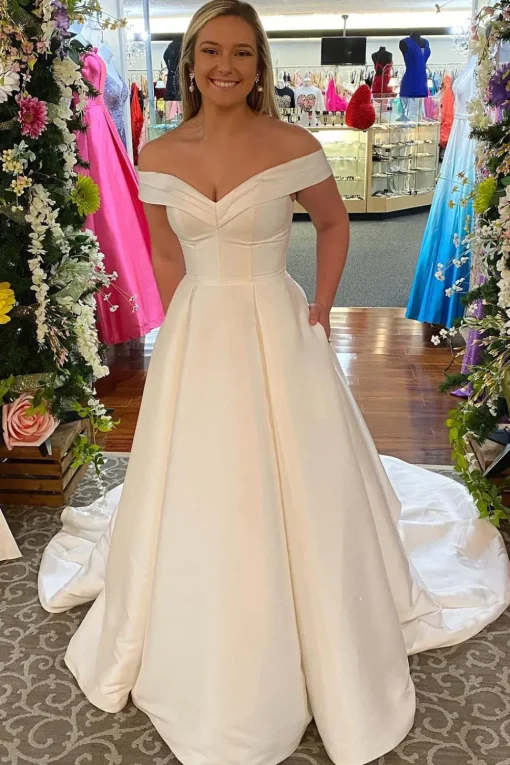 Off The Shoulder White Corset Simple Long Wedding Dress with Pockets