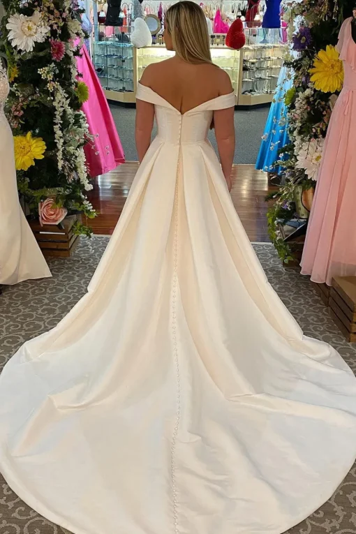 Off The Shoulder White Corset Simple Long Wedding Dress with Pockets