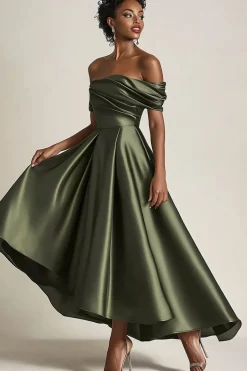 Olive A-Line Off the Shoulder Ruched Satin Ankle Length Mother of the Bride Dress