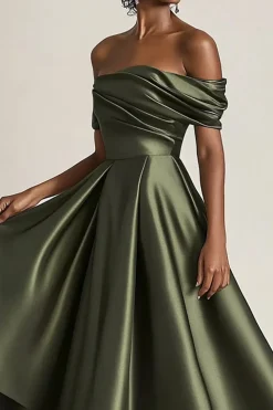 Olive A-Line Off the Shoulder Ruched Satin Ankle Length Mother of the Bride Dress