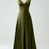 Olive A-Line Spaghetti Straps Satin Long Bridesamid Dress