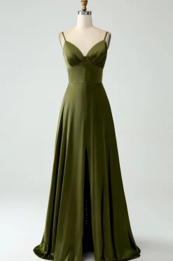 Olive A-Line Spaghetti Straps Satin Long Bridesamid Dress