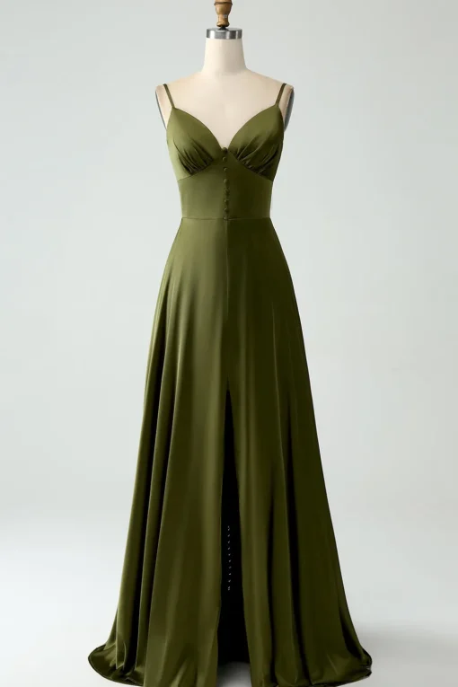 Olive A-Line Spaghetti Straps Satin Long Bridesamid Dress
