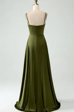 Olive A-Line Spaghetti Straps Satin Long Bridesamid Dress