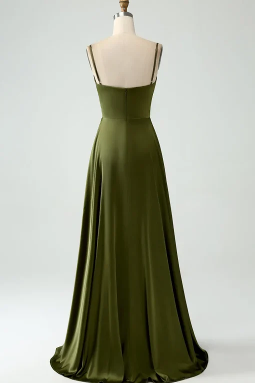 Olive A-Line Spaghetti Straps Satin Long Bridesamid Dress