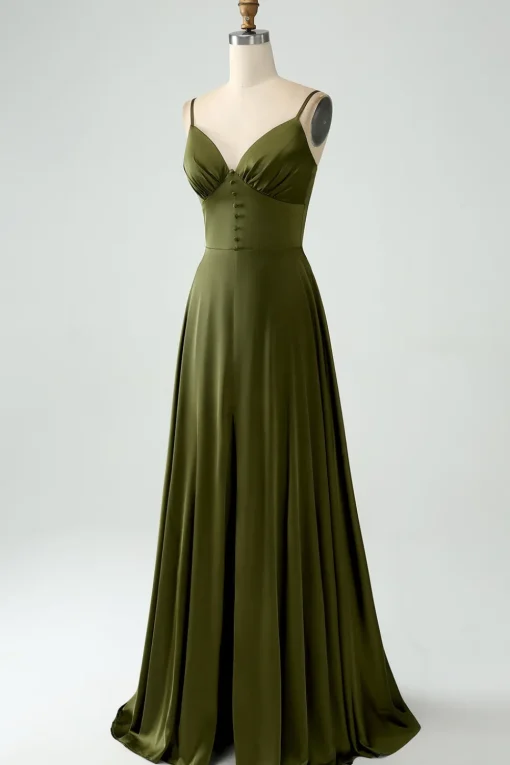 Olive A-Line Spaghetti Straps Satin Long Bridesamid Dress
