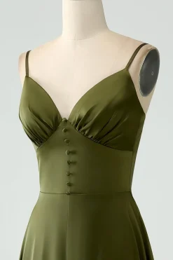Olive A-Line Spaghetti Straps Satin Long Bridesamid Dress
