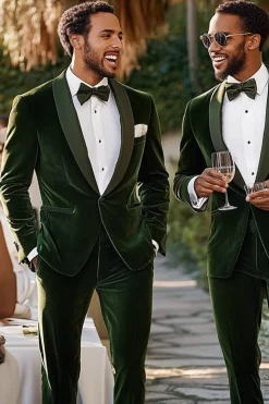 One Button 2 Pieces Shawl Lapel Dark Green Men Formal Suits