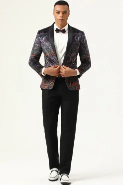 One Button Black Jacquard Shawl Lapel Men's Prom Blazer