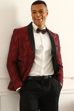 One Button Red Shawl Lapel Jacquard Men's Prom Blazer