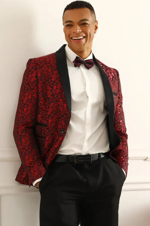 One Button Red Shawl Lapel Jacquard Men's Prom Blazer