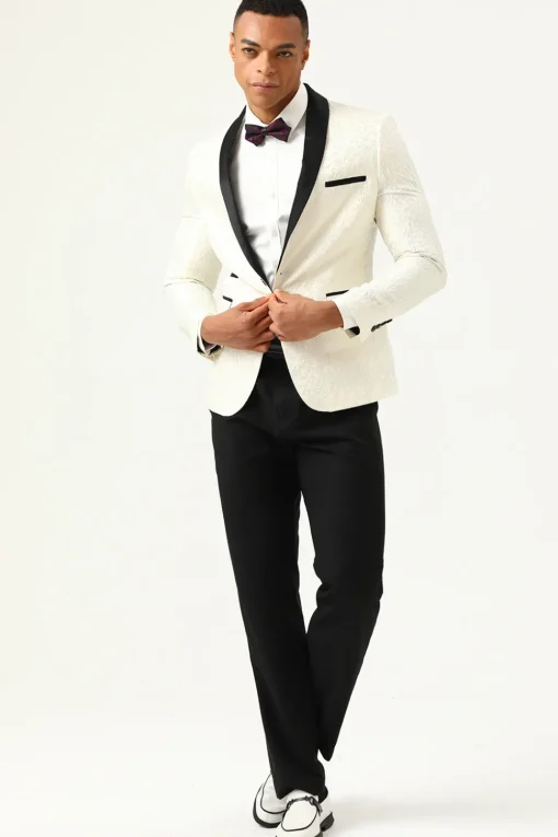 One Button White Shawl Lapel Jacquard Men's Prom Blazer