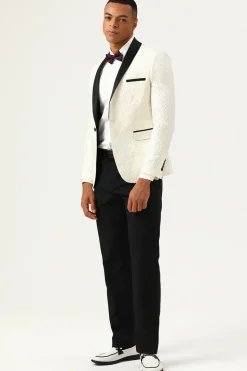 One Button White Shawl Lapel Jacquard Men's Prom Blazer