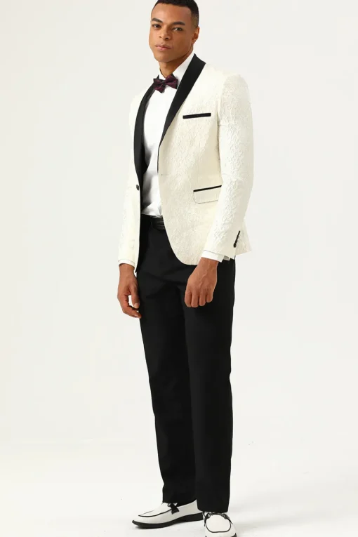 One Button White Shawl Lapel Jacquard Men's Prom Blazer