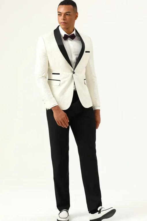 One Button White Shawl Lapel Jacquard Men's Prom Blazer