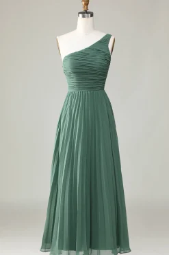 One Shoulder A Line Ruched Tea-Length Eucalyptus Bridesmaid Dress