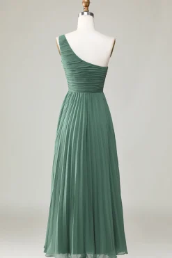One Shoulder A Line Ruched Tea-Length Eucalyptus Bridesmaid Dress