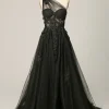 One Shoulder A Line Tulle Black Prom Dress with Beading