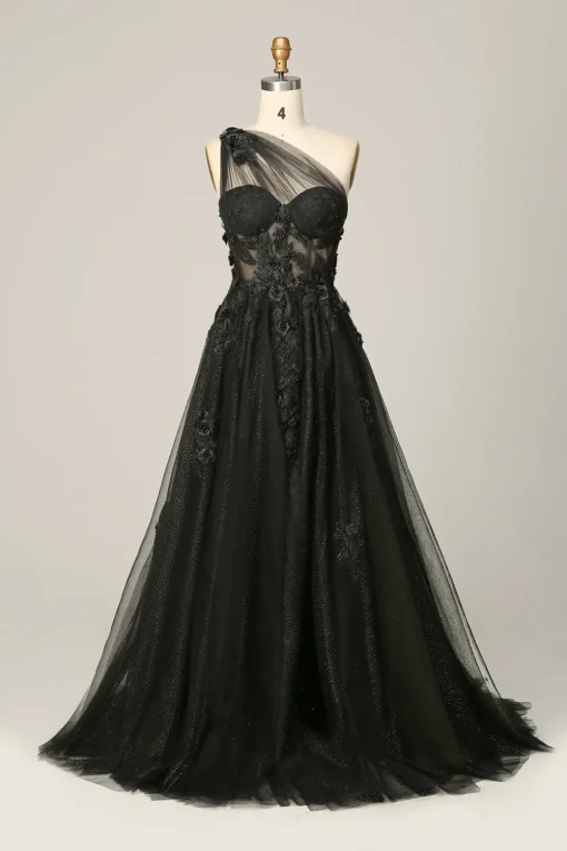 One Shoulder A Line Tulle Black Prom Dress with Beading