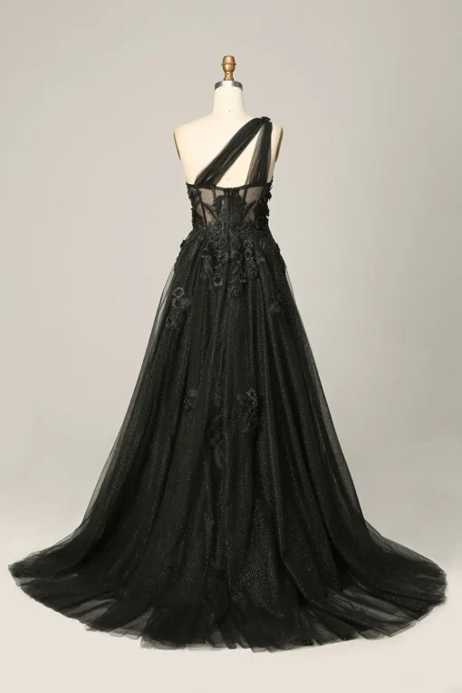 One Shoulder A Line Tulle Black Prom Dress with Beading