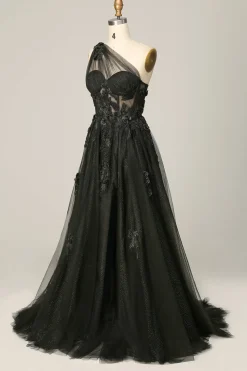 One Shoulder A Line Tulle Black Prom Dress with Beading