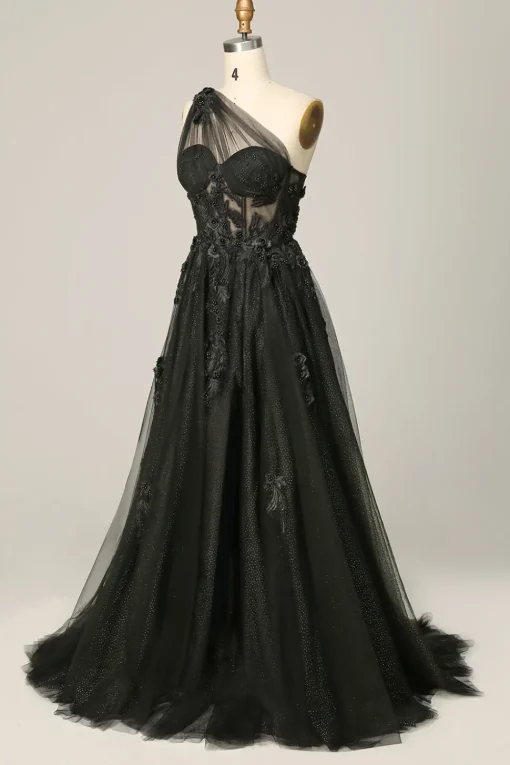 One Shoulder A Line Tulle Black Prom Dress with Beading