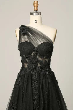 One Shoulder A Line Tulle Black Prom Dress with Beading