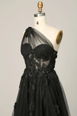 One Shoulder A Line Tulle Black Prom Dress with Beading