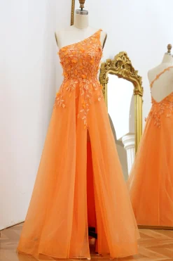 One Shoulder A-line Orange Prom Dress with Appliques