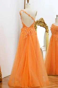 One Shoulder A-line Orange Prom Dress with Appliques