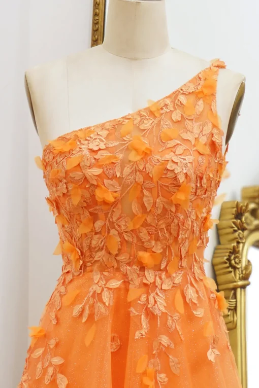 One Shoulder A-line Orange Prom Dress with Appliques