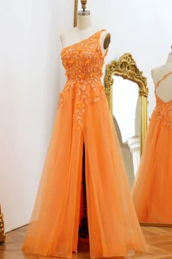 One Shoulder A-line Orange Prom Dress with Appliques