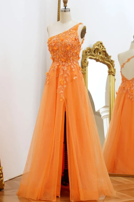 One Shoulder A-line Orange Prom Dress with Appliques