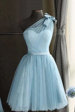One Shoulder Blue Graduation Dress With Bowknot