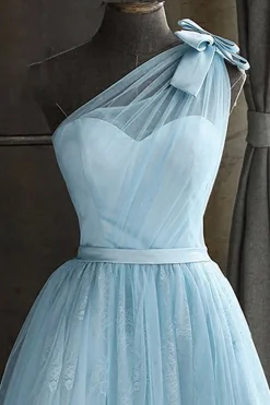 One Shoulder Blue Graduation Dress With Bowknot