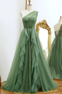 One Shoulder Green A Line Tulle Prom Dress with Lace-up Back