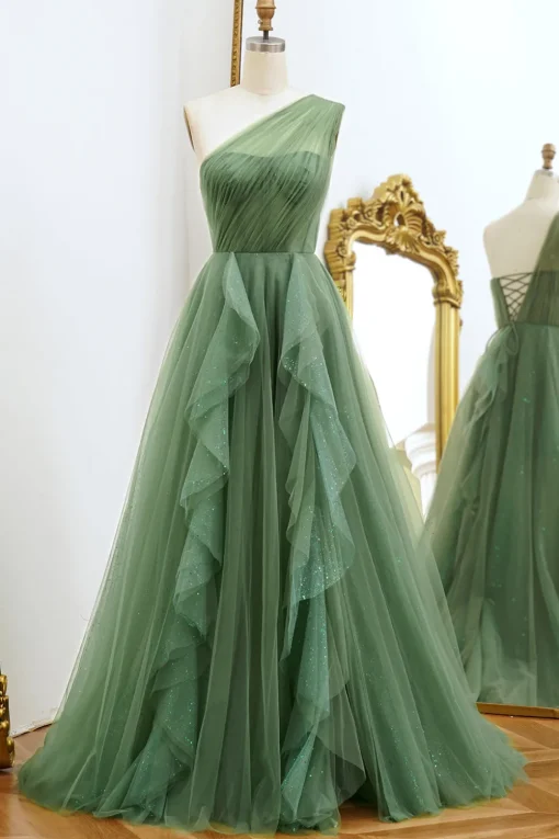 One Shoulder Green A Line Tulle Prom Dress with Lace-up Back