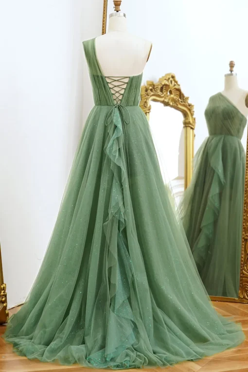 One Shoulder Green A Line Tulle Prom Dress with Lace-up Back