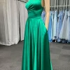 One Shoulder Green Satin Prom Dress with Pockets