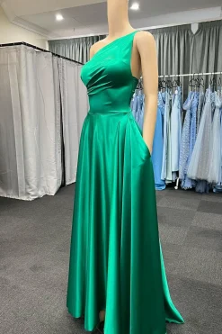 One Shoulder Green Satin Prom Dress with Pockets