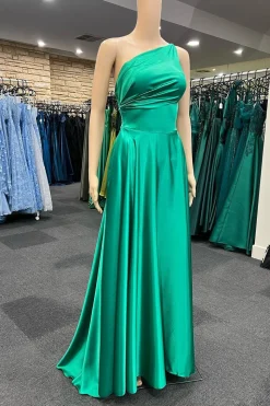 One Shoulder Green Satin Prom Dress with Pockets