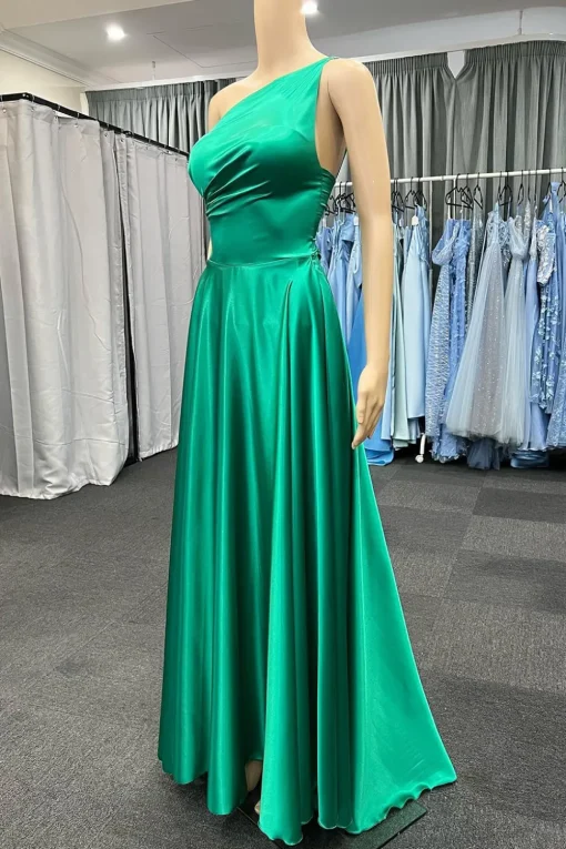 One Shoulder Green Satin Prom Dress with Pockets