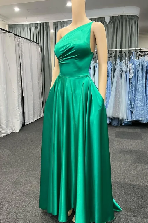 One Shoulder Green Satin Prom Dress with Pockets