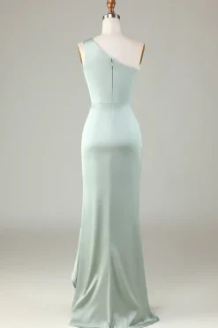 One Shoulder Matcha Bridesmaid Dress with Ruffles