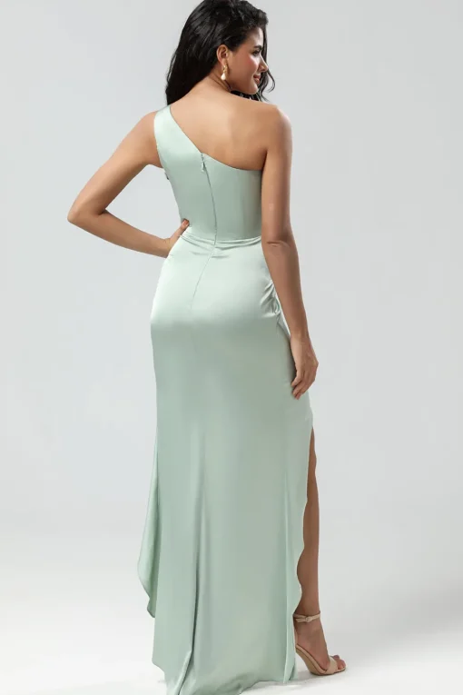 One Shoulder Matcha Bridesmaid Dress with Ruffles
