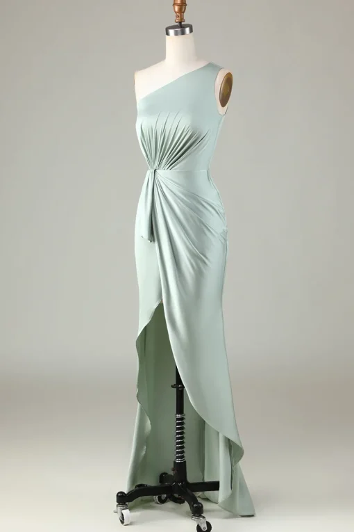 One Shoulder Matcha Bridesmaid Dress with Ruffles