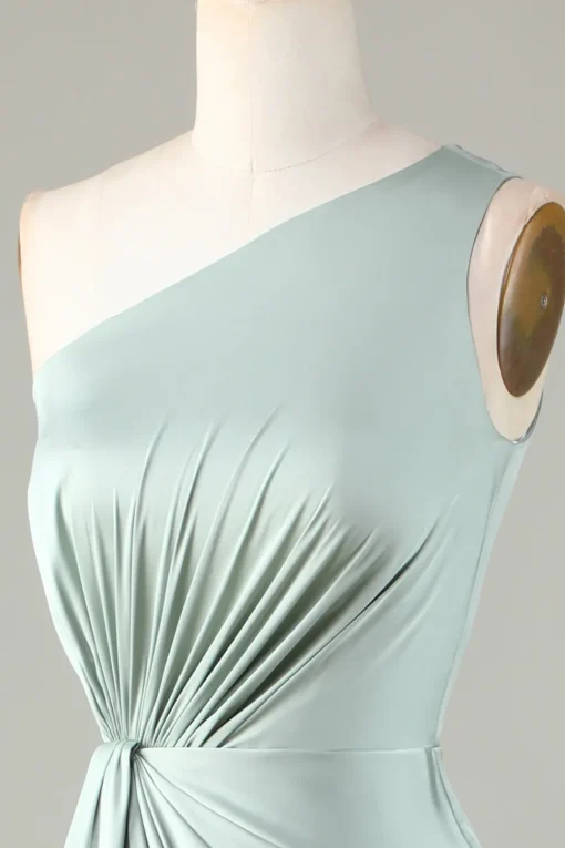 One Shoulder Matcha Bridesmaid Dress with Ruffles
