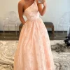 One Shoulder Pink Princess Prom Dress with Beading Butterfly