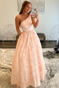 One Shoulder Pink Princess Prom Dress with Beading Butterfly